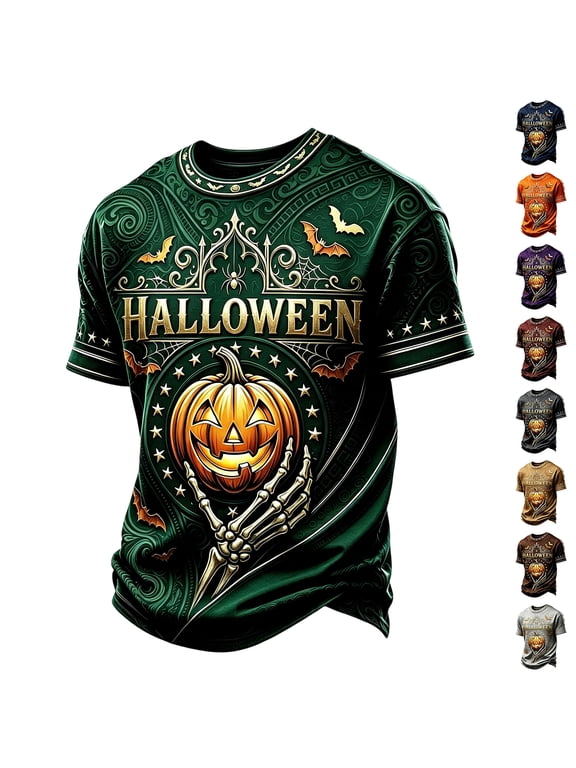 Men Halloween Skeleton Hand Jack O'Lantern Crewneck Short Sleeve T-Shirt, All Over Print Bat Scroll Casual Graphic Tee, Gothic Halloween Top for Men Daily Wear & Halloween Party Outfit