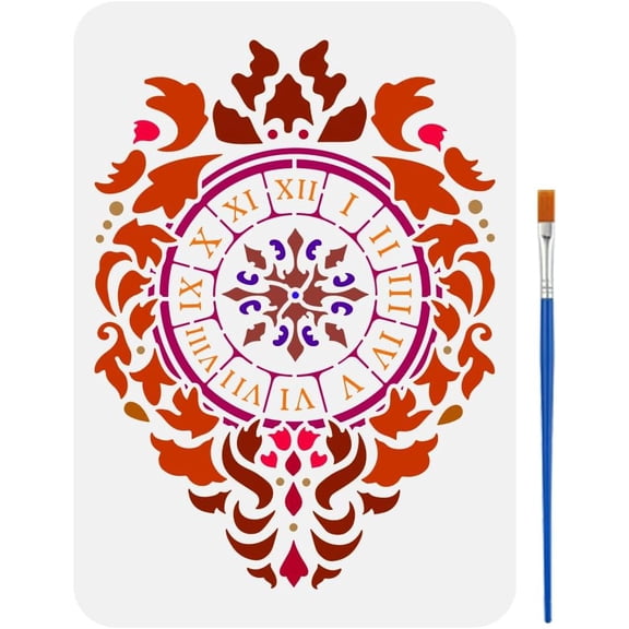 Brocade Clock Face Stencil with a Paint Brush 8.3x11.7inch Brocade Clock Large Stencil Clock Painting Stencil Creative Clock Theme Drawing Stencil DIY