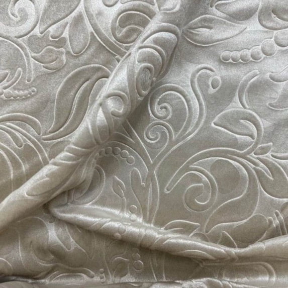 Brocade Damask Velvet Fabric, 58 Inch in Width, Ideal Embossed Material for Home Decor, Ivory / Cut by the Yard