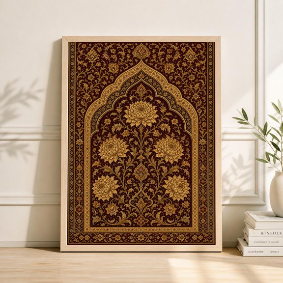 Brocade Pattern With Mughal Arch Wall Art And Gold Floral Textile Design Botanical Wall Art Poster , Poster Print Only