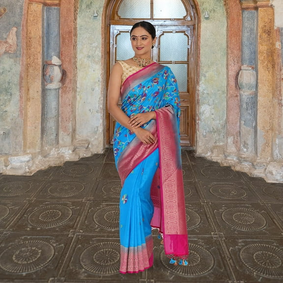 Brocade Silk Saree in blue Size: S, Color: Blue
