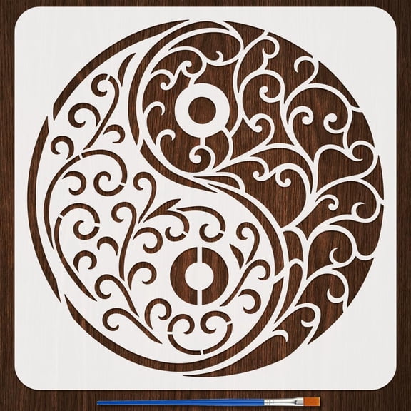 Brocade Yin Yang Painting Stencil with Brush 30x30cm/11.8x11.8inch Reusable Yin Yang Symbol Stencils Creative Plastic Stencils for DIY Art Projects & Home Decor