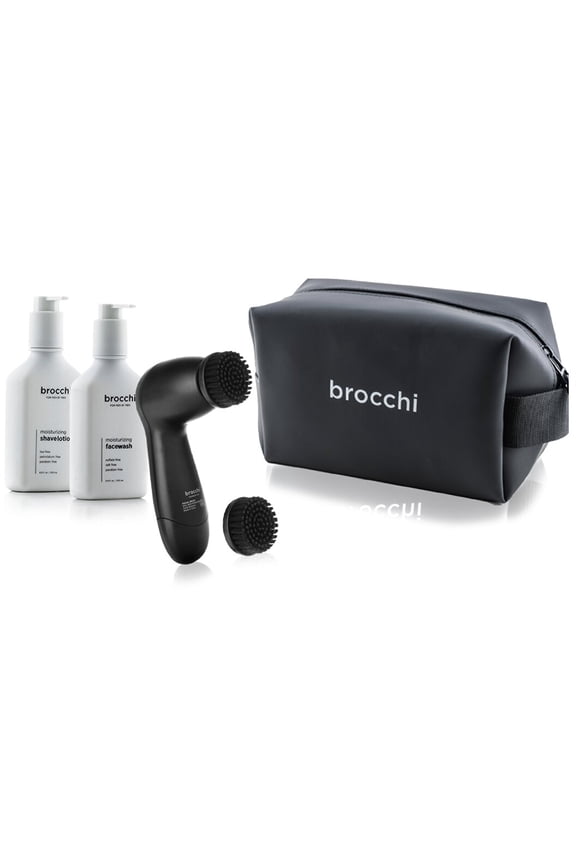 | Men's Sandalwood Face Wash, Shave Lotion, Exfoliating Facial Brush + Travel Bag - Gift Set