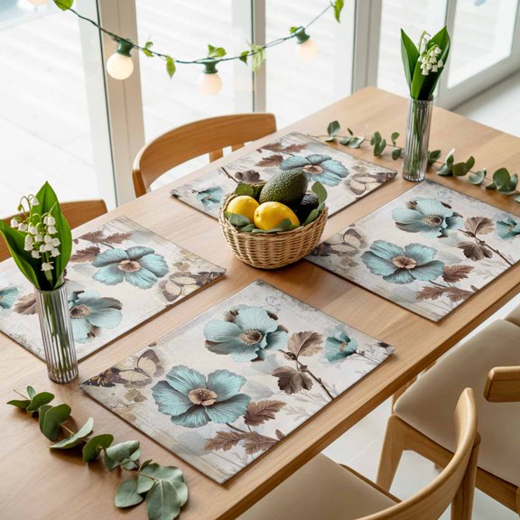 Broccoli Floral Butterfly on Retro Letter Back Placemats Set of 4,Wipeable Washable Table Mats for Dining Tables, Victorian Style Place Mats for Kitchen Event Party Tabletop Decor