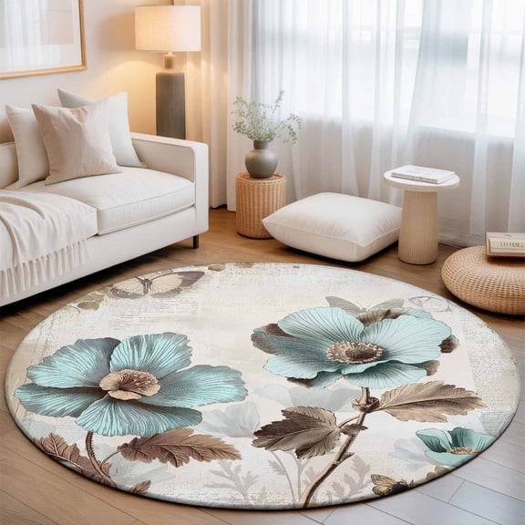 Broccoli Floral Butterfly on Retro Letter Back Round Rug 5ft Victorian Style Washable Area Rugs for Living Room Bedroom Entryway Non Slip Entrance Door Mat Indoor Floor Carpet