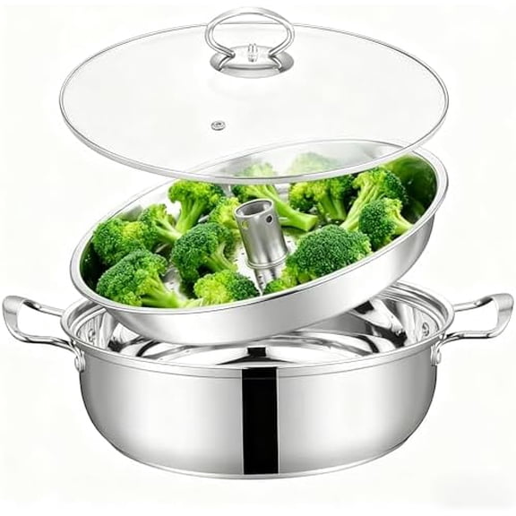 Broccoli Steamer Pot for Stovetop with Central Steam Vent  Stainless Steel Vegetable Steaming Pot with Perforated Basket and Glass Lid  Single-Layer Steamer for Broccoli and Greens