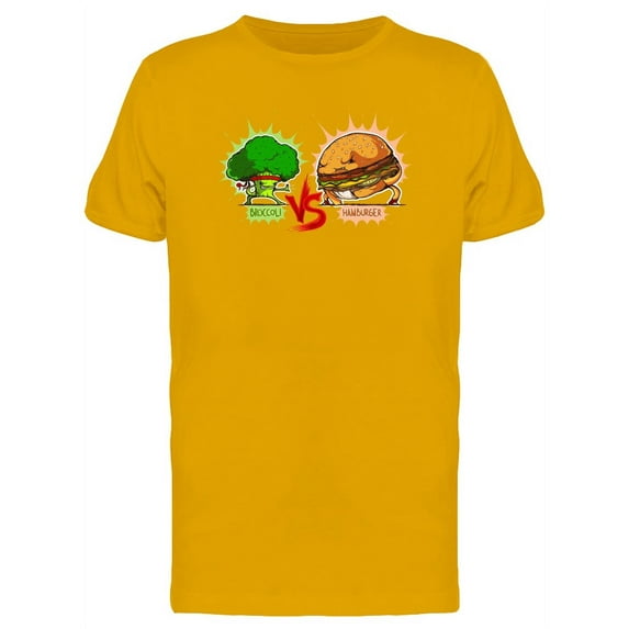 Broccoli Vs Hamburger Cartoon T-Shirt Men -Image by Shutterstock, Male x-Large