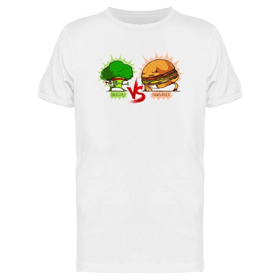 Broccoli Vs Hamburger Cartoon T-Shirt Men -Image by Shutterstock, Male x-Large