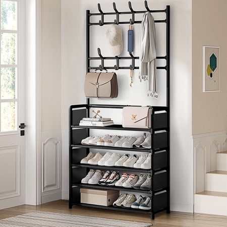 Brochao 5 Tiers Shoe Rack with Coat Rack, Shoe Organizer Storage with Hooks, Freestanding Shoe Shelf for Entryway, Hallway, Office, Black