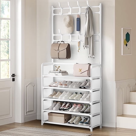 Brochao 5 Tiers Shoe Rack with Coat Rack, Shoe Organizer Storage with Hooks, Freestanding Shoe Shelf for Entryway, Hallway, Office, White