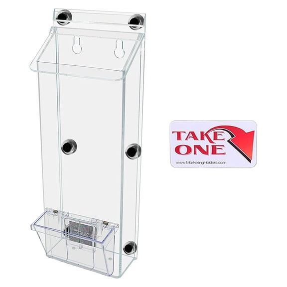 Brochure Box with Lid Metal Mount Clear Acrylic Outdoor Advertisement Holder Holds 4" x 11" Trifolds and 3.5" x 2" Business Cards with Take One Sticker Hangs On Smooth Surfaces