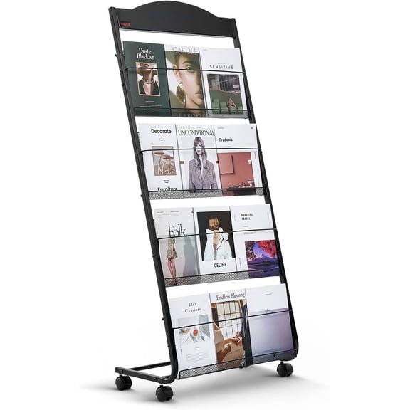 Brochure Display Rack, 6-Tier Magazine Literature Display Stand, Floor Standing Magazine Rack Newspaper Catalog Holders, Movable with 4 Wheels (2 Lockable) for Shop Exhibitions Office, 6 Pockets
