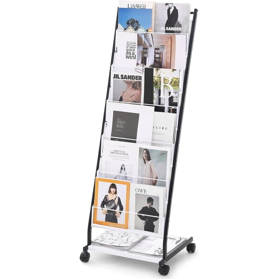 Brochure Display Rack, 6-Tier Magazine Literature Stand, Floor Standing Rack Newspaper Catalog Holders, Movable with 4 Wheels (2 Lockable) for Shop Exhibitions Office, 6 Pockets