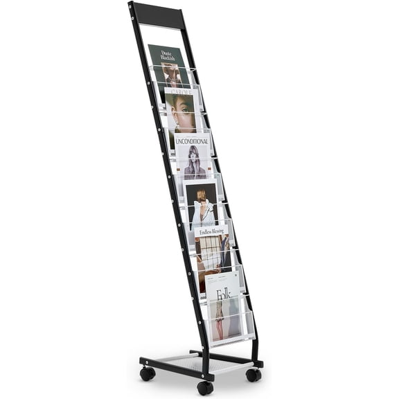 Brochure Display Rack, Narrow 6-Tier Magazine Literature Display Stand with Wheels, Metal Floor Standing Magazine Rack, Movable Newspaper Catalog Holders for Shop Exhibitions Office (6 Pockets)