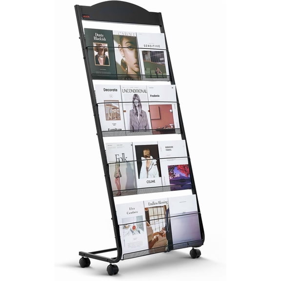 Brochure Display Rack, Narrow 6-Tier Magazine Literature Display Stand with Wheels, Metal Floor Standing Magazine Rack, Movable Newspaper Catalog Holders for Shop Exhibitions Office (6 Pockets)