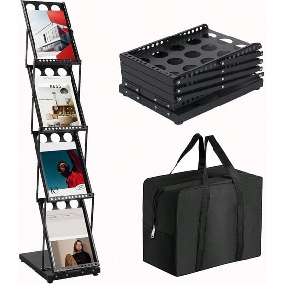 Brochure Display Stand Foldable Magazine Rack Metal Brochure Holder Literature Rack With Carrying Bag 4 Pockets Literature Stand For Exhibition Trade Show And Office Retail Store Black