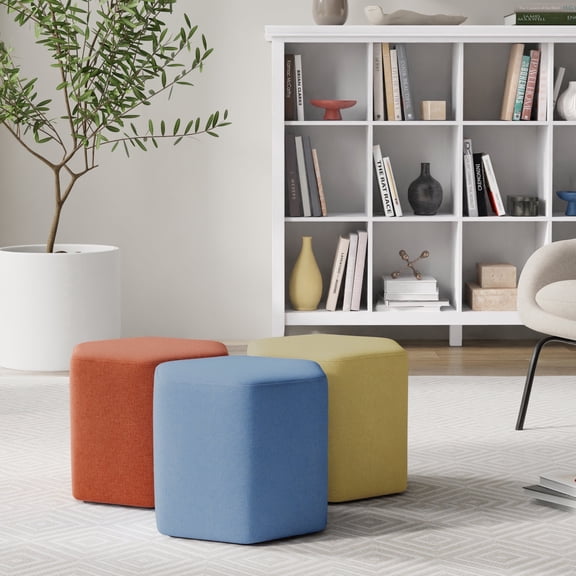 Simpli Home Brock 16 inch Wide Contemporary Irregular Footstool in Wedgewood Blue Linen Look Fabric