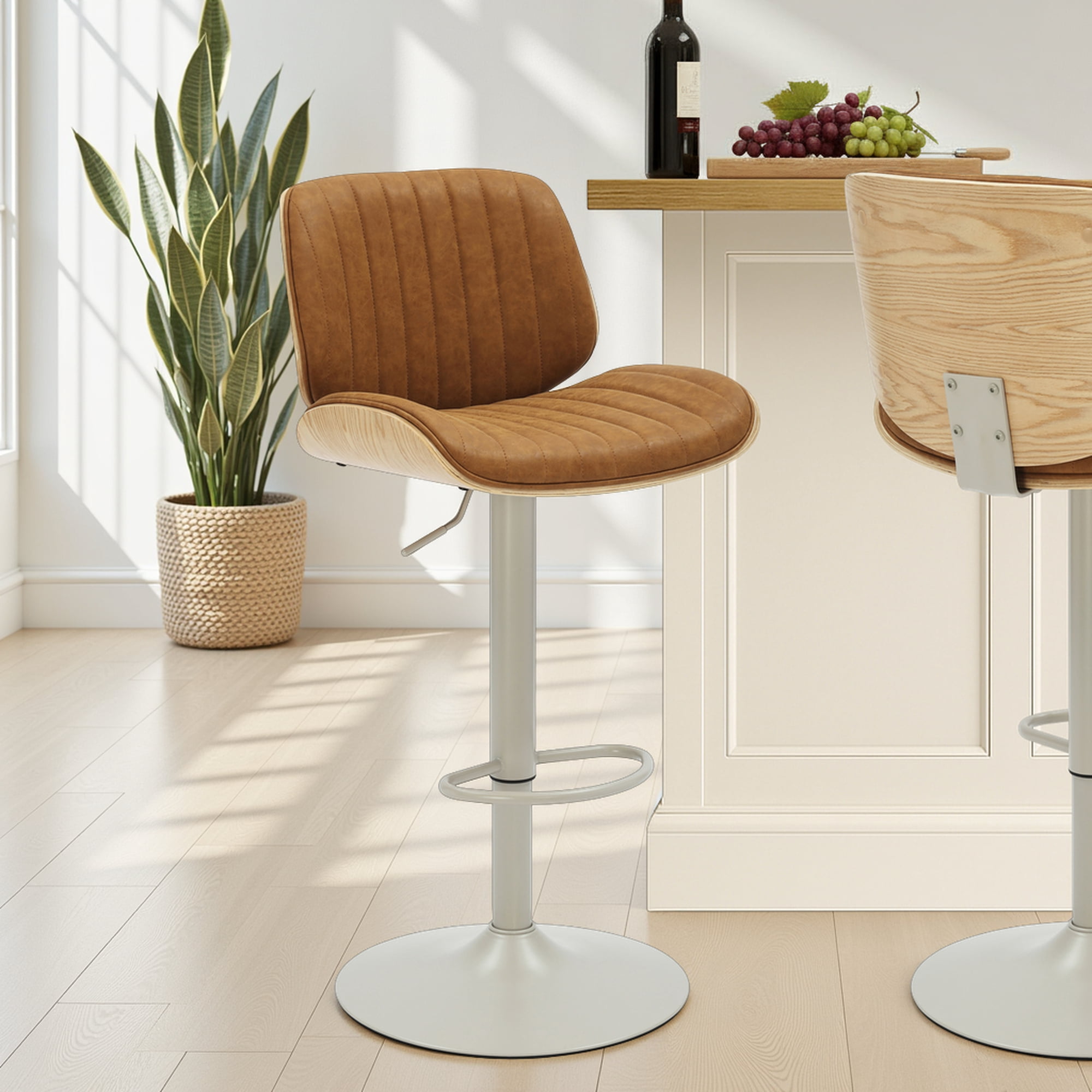 Brock Adjustable Swivel Camel Curved Back Wood Bar Stool with Faux Leather Seat