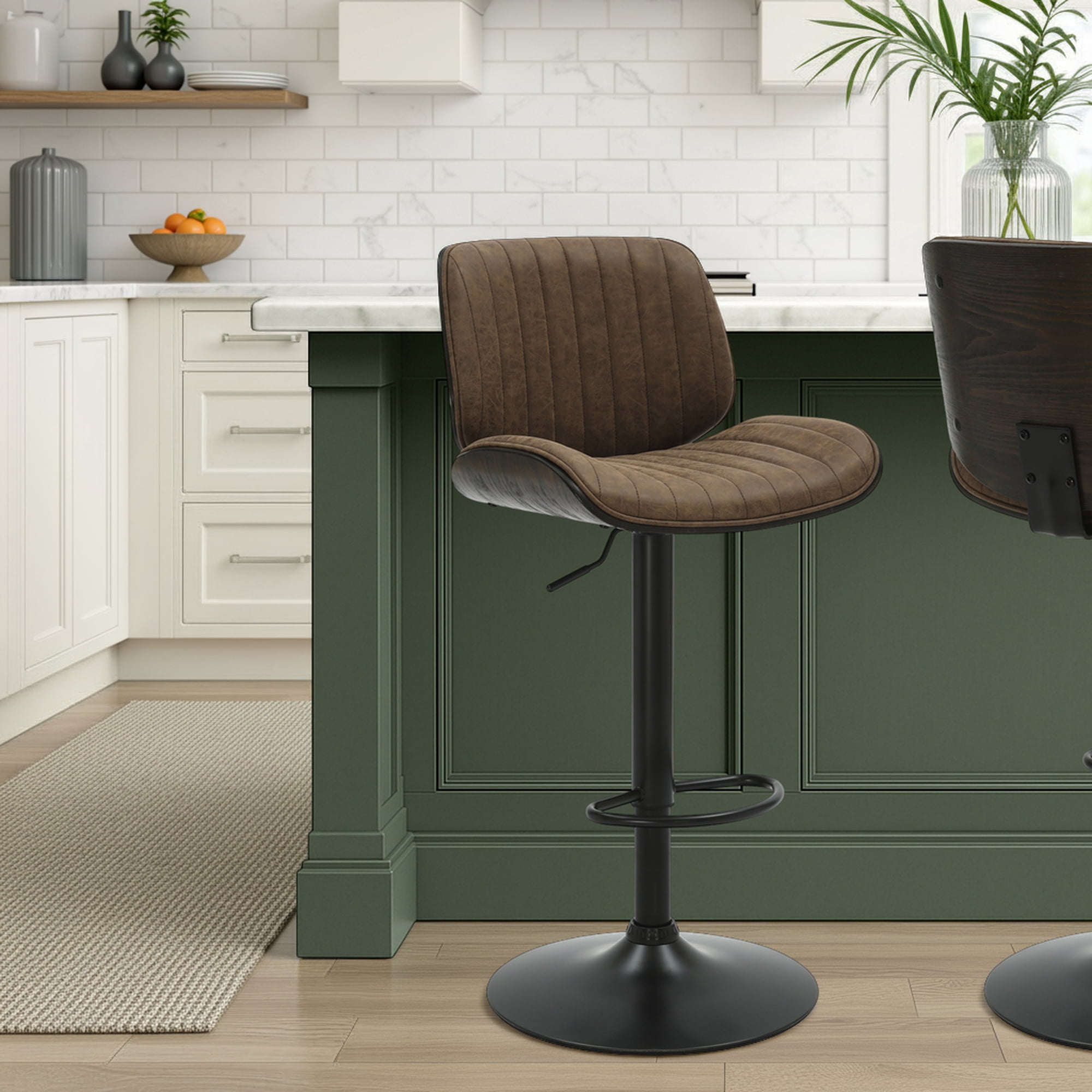 Brock Adjustable Swivel Vintage Dark Brown Curved Back Wood Bar Stool with Faux Leather Seat Set of 3
