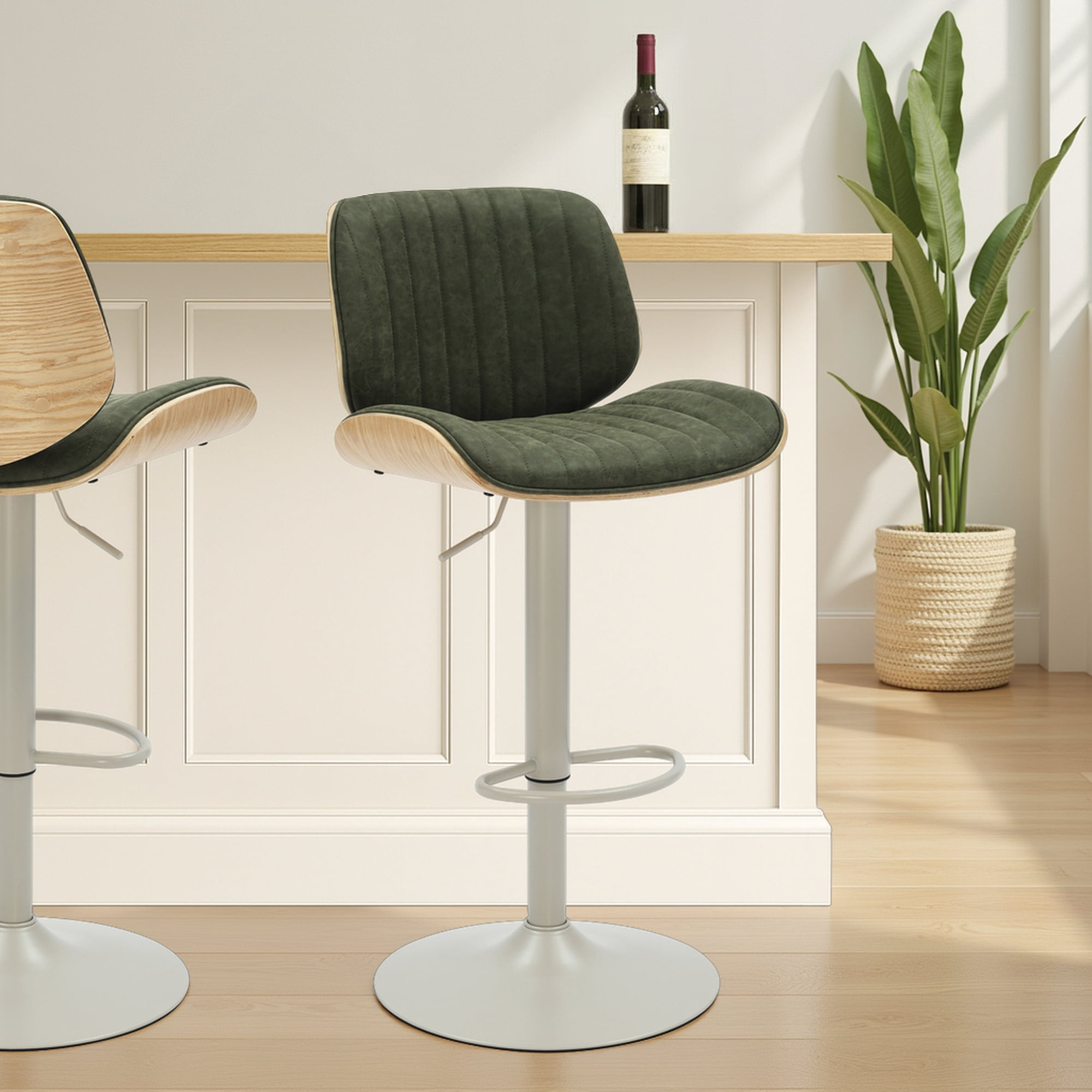Brock Adjustable Swivel Vintage Green Curved Back Wood Bar Stool with Faux Leather Seat Set of 2
