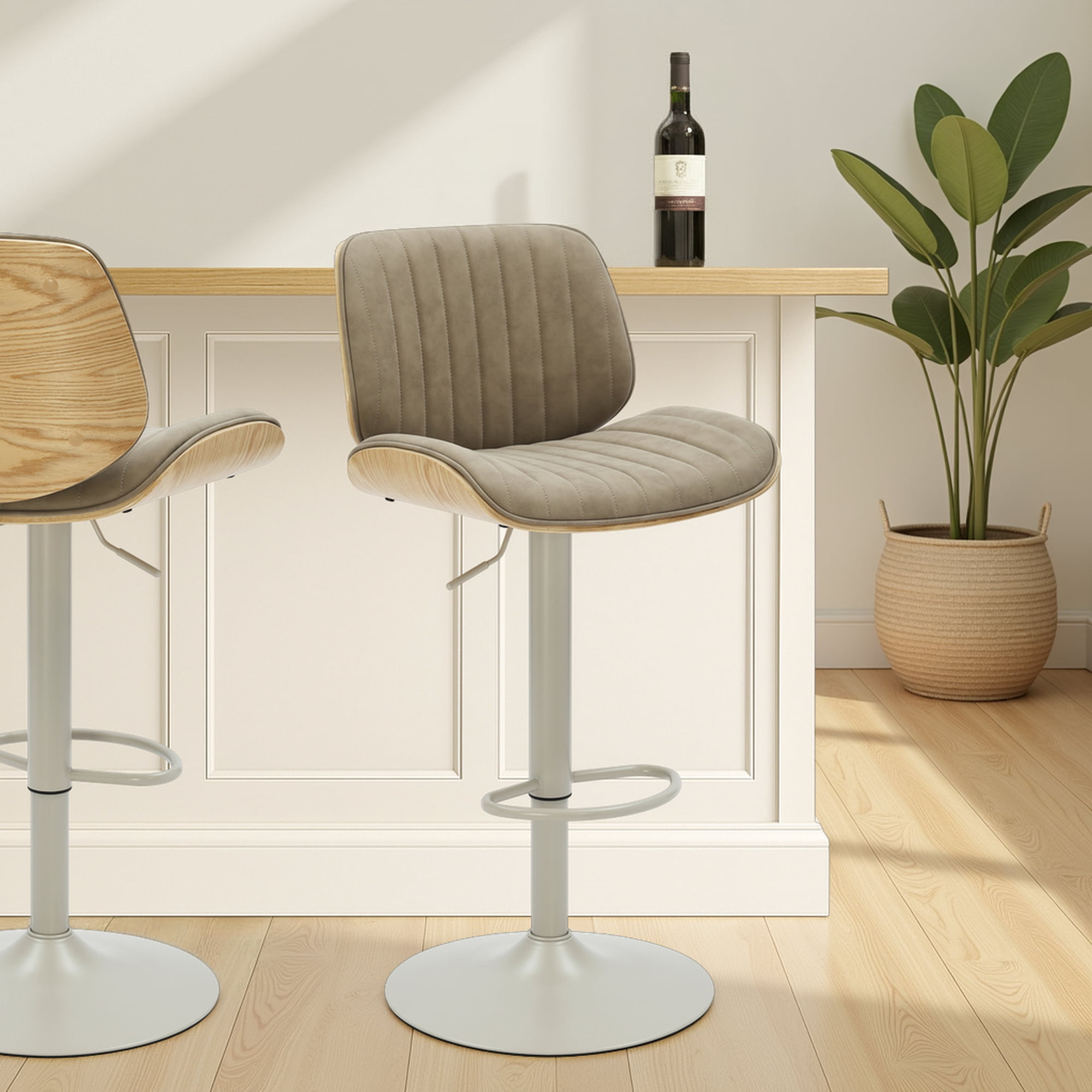 Brock Adjustable Swivel Vintage Taupe Curved Back Wood Bar Stool with Faux Leather Seat