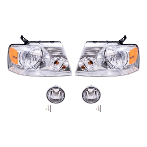 Brock Aftermarket Replacement Driver Left Passenger Right Headlights with Chrome Bezel and Round Fog Lights 4 Piece Set Compatible with 2006-2008 Ford F-150