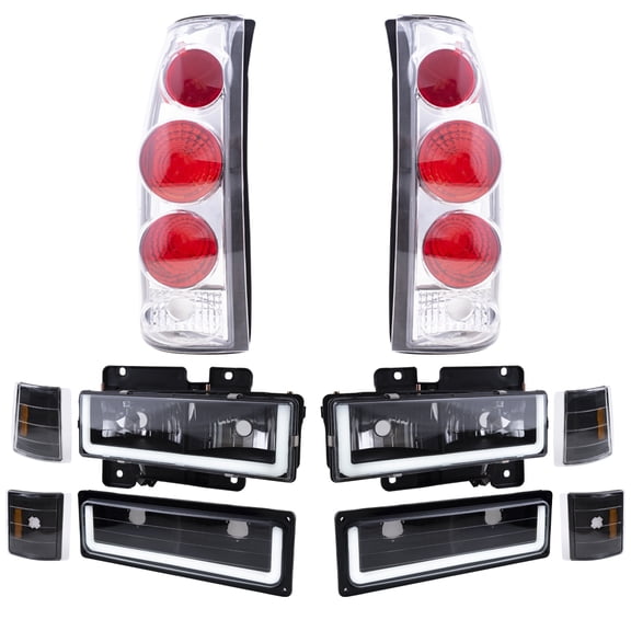 Brock Aftermarket Replacement Front Driver Left Passenger Right 10 Piece Composite Type Performance Light Set Black Bezel With LED DRL Compatible with 1994-2002 GMC C/K Pickup