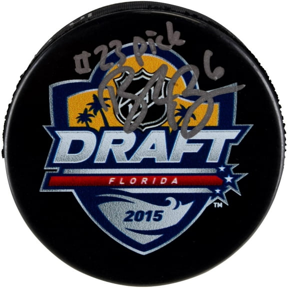 Brock Boeser Vancouver Canucks Autographed 2015 NHL Draft Logo Hockey Puck with "#23 Pick" Inscription - Fanatics Authentic Certified