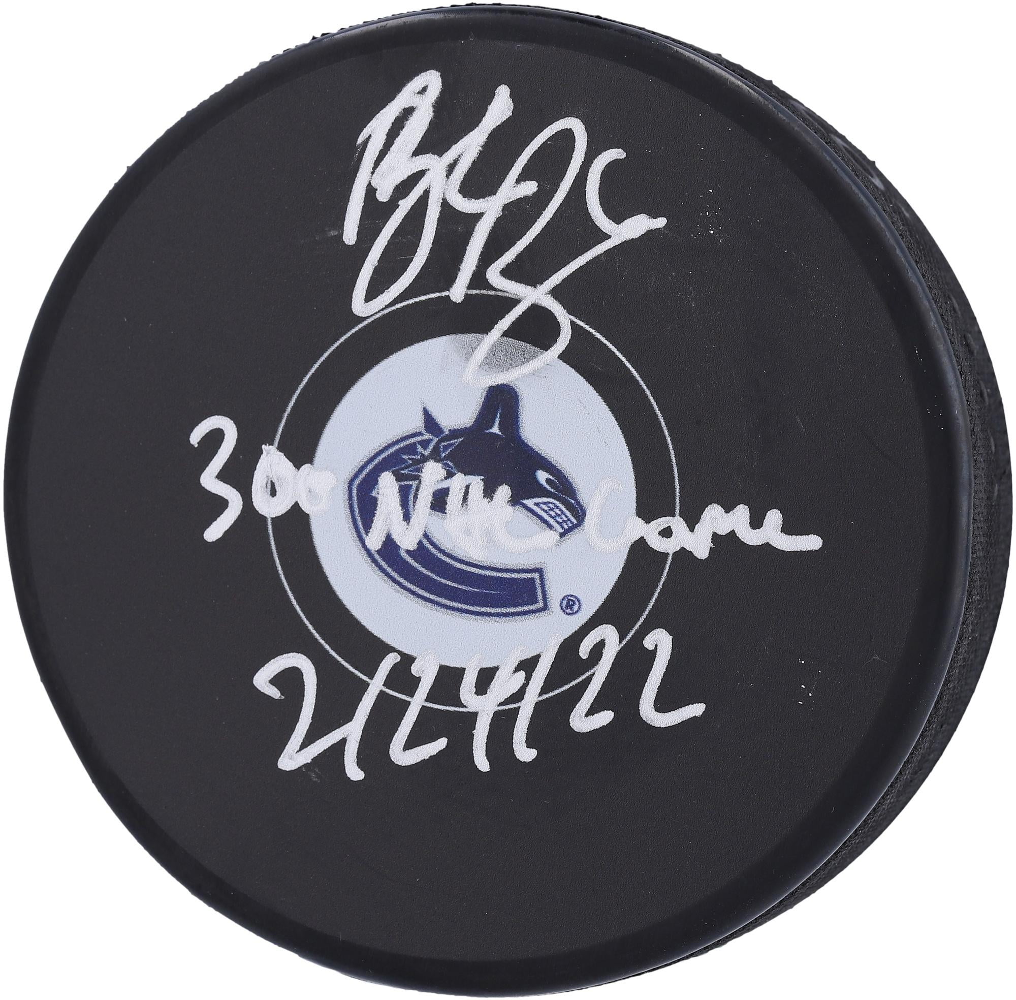 Brock Boeser Vancouver Canucks Autographed Hockey Puck with "300th NHL Game 2/24/22" Inscription - Fanatics Authentic Certified