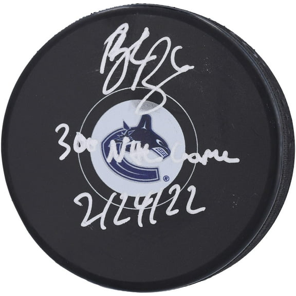 Brock Boeser Vancouver Canucks Autographed Hockey Puck with "300th NHL Game 2/24/22" Inscription - Fanatics Authentic Certified