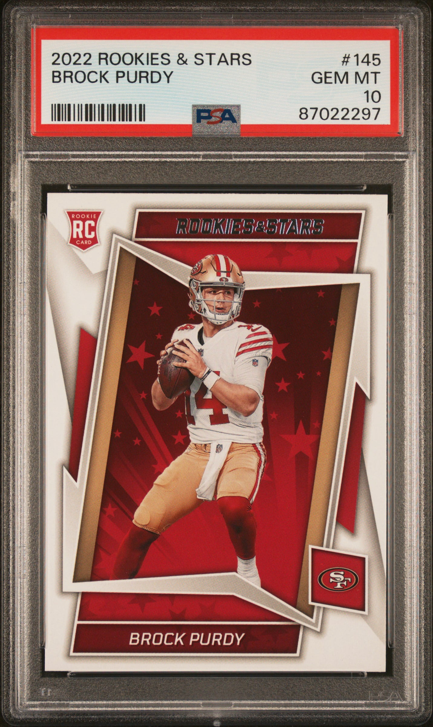 Brock Purdy 2022 Rookies and Stars Rookie Football Card #145 Graded PSA 10 Cert #87022297