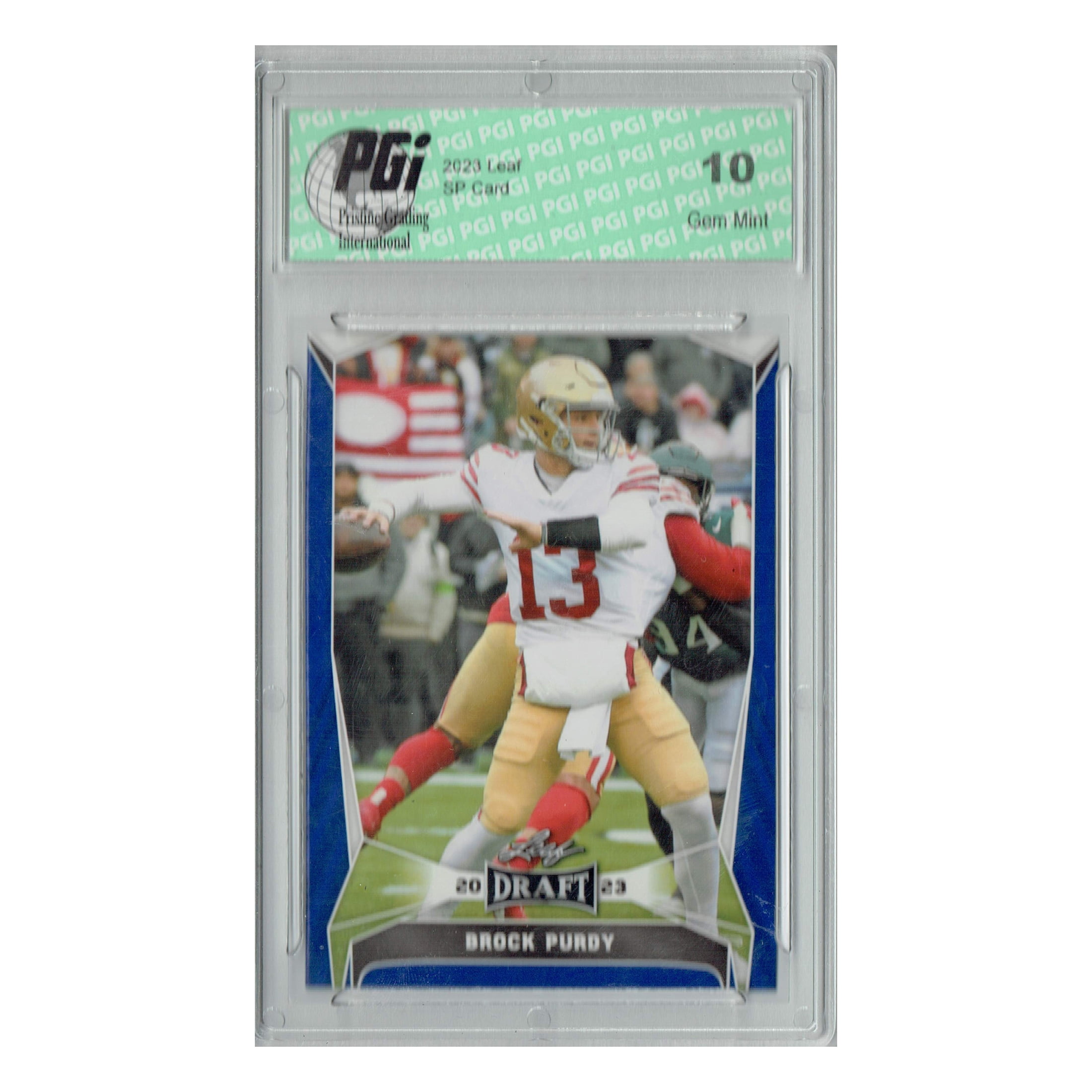 Brock Purdy 2023 Leaf Football #19 Blue Short Print Trading Card PGI 10 San Francisco 49ers