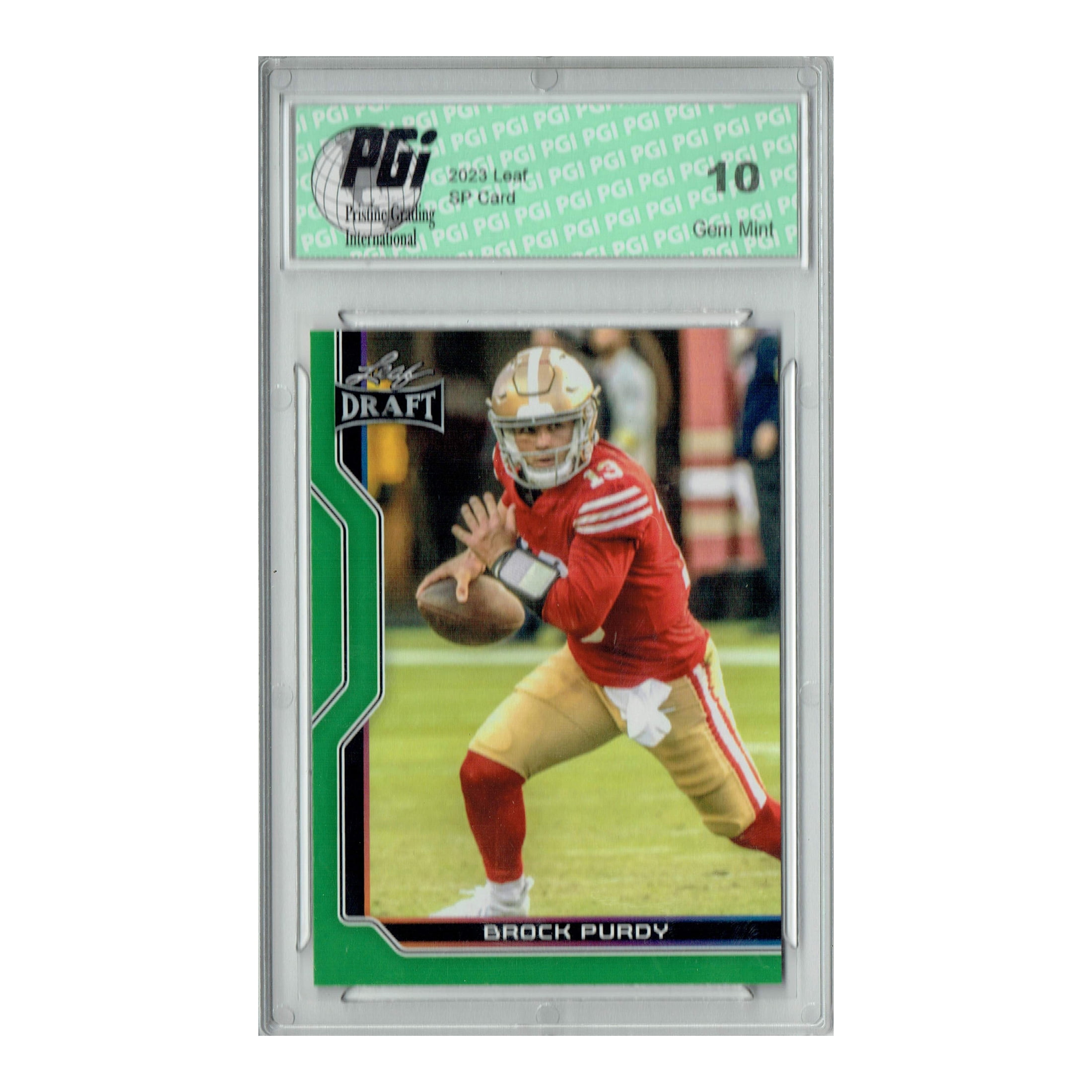 Brock Purdy 2023 Leaf Football #B1-1 Green Special Edition Trading Card PGI 10 San Francisco 49ers