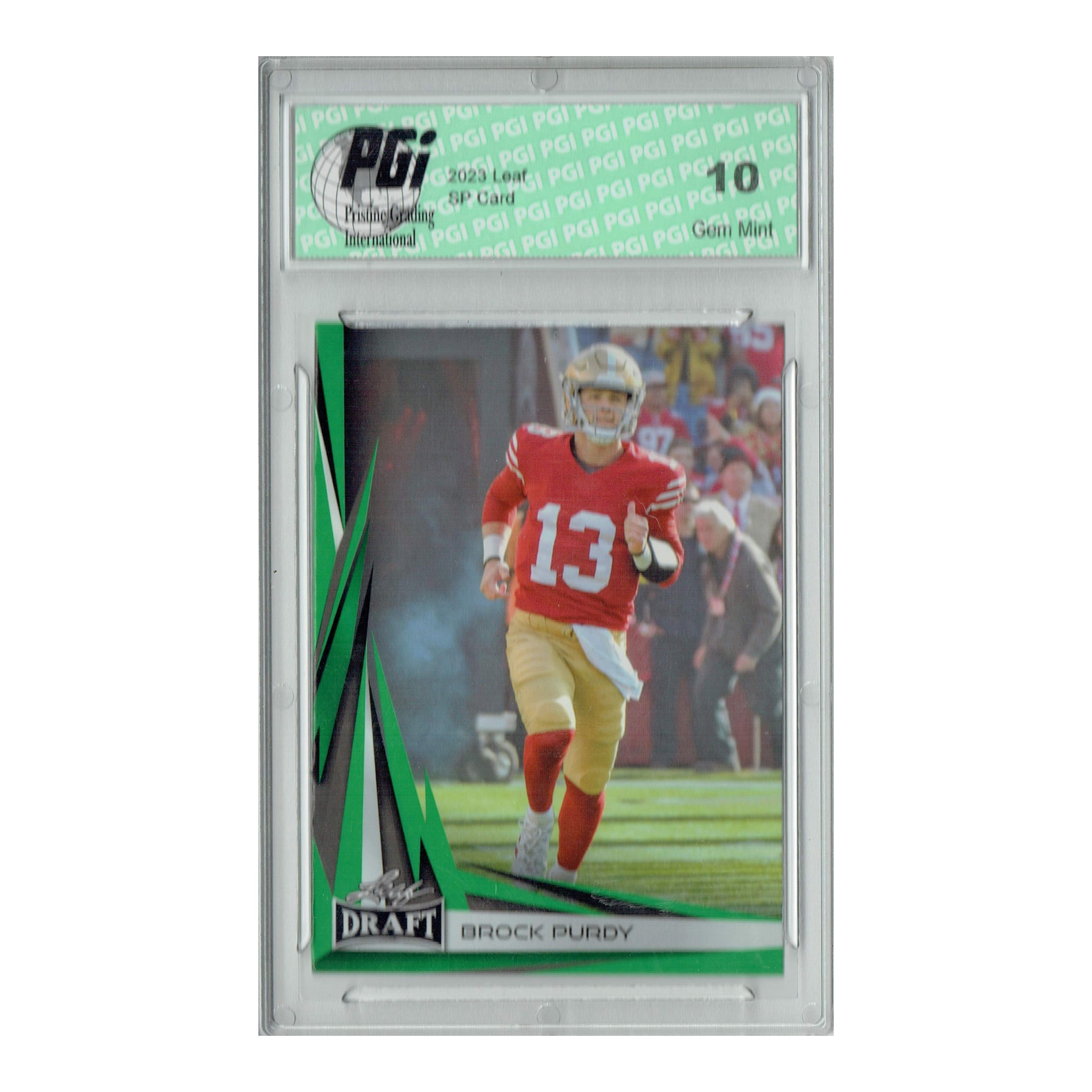 Brock Purdy 2023 Leaf Football #B2-1 Green Special Edition Trading Card PGI 10 San Francisco 49ers