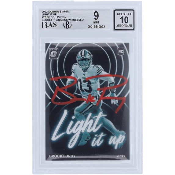 Brock Purdy San Francisco 49ers Autographed 2022 Panini Donruss Optic Light It Up Red Ink #LU-20 Beckett Fanatics Witnessed Authenticated 9/10 Rookie Card - Fanatics Authentic Certified
