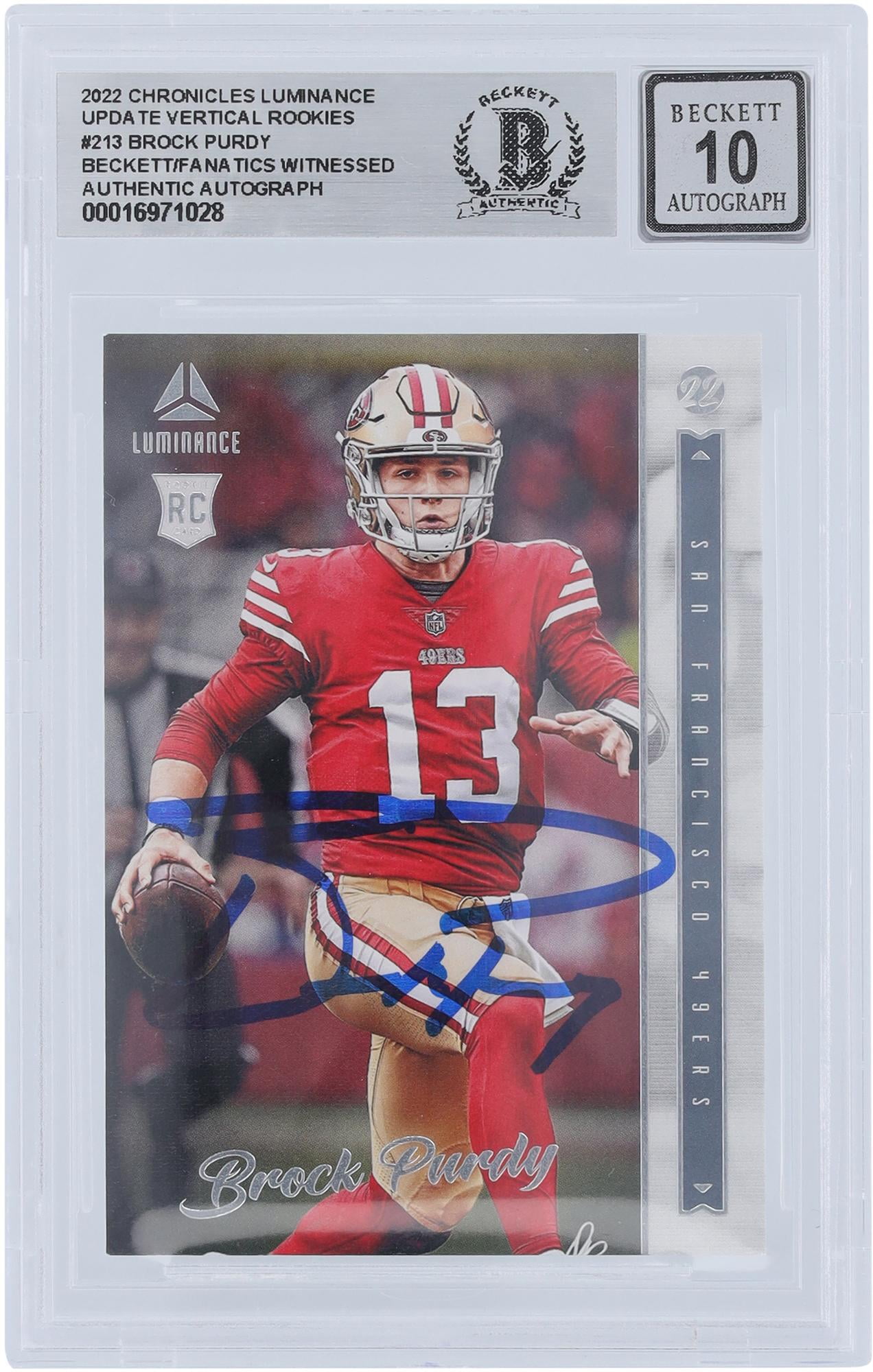 Brock Purdy San Francisco 49ers Autographed 2022 Panini Luminance #213 Beckett Fanatics Witnessed Authenticated 10 Rookie Card - Fanatics Authentic Certified