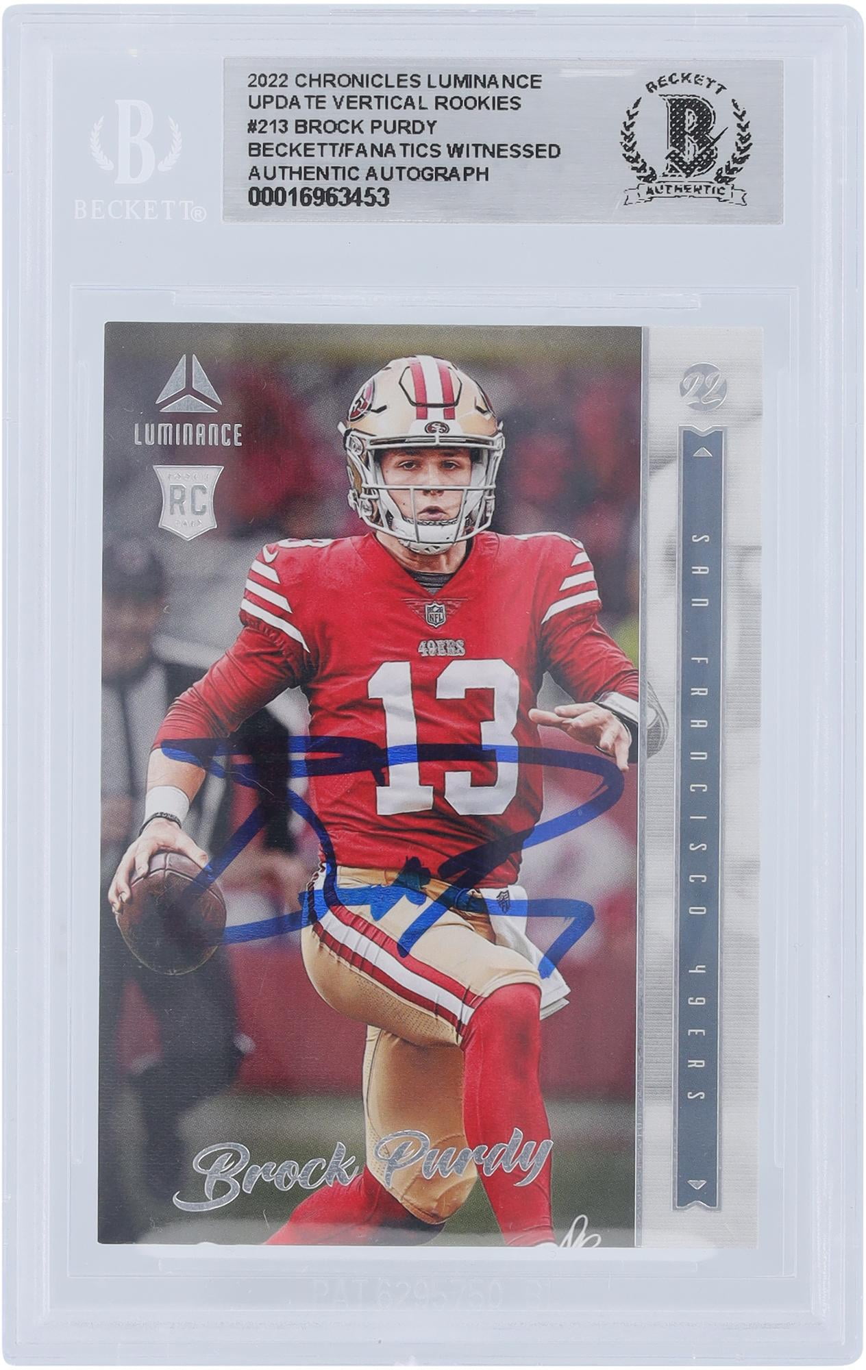 Brock Purdy San Francisco 49ers Autographed 2022 Panini Luminance #213 Beckett Fanatics Witnessed Authenticated Rookie Card - Fanatics Authentic Certified