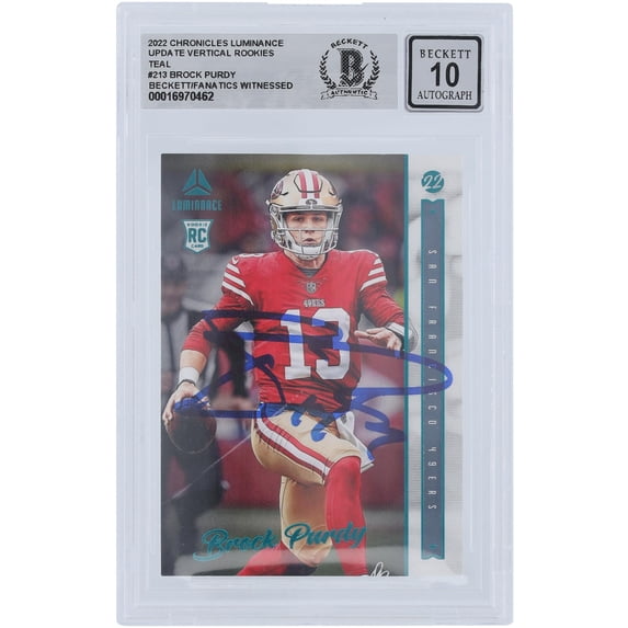 Brock Purdy San Francisco 49ers Autographed 2022 Panini Luminance Teal #213 Beckett Fanatics Witnessed Authenticated 10 Rookie Card - Fanatics Authentic Certified