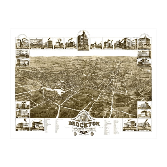 Brockton Art, 1882 Vintage Map of Brockton Massachusetts, MA History Wall Decor Gift, Old Brockton Map - 24" x 18" Unframed Print