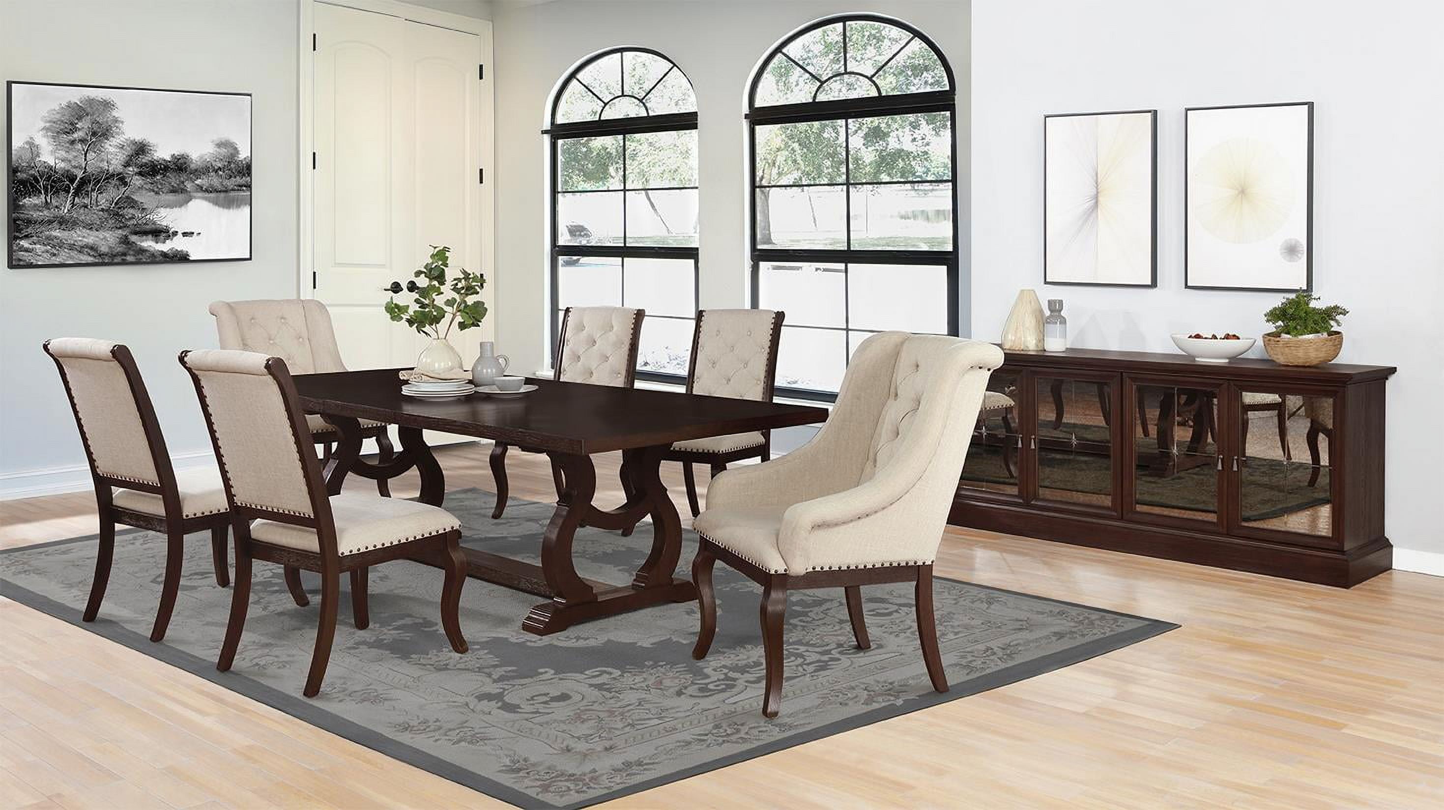 Brockway Natural Wood Rectangular Trestle Dining Set with Velvet Chairs