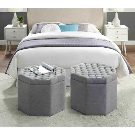 Brodric Light Grey Linen Storage Ottoman - Upholstered, Tufted, Octagon