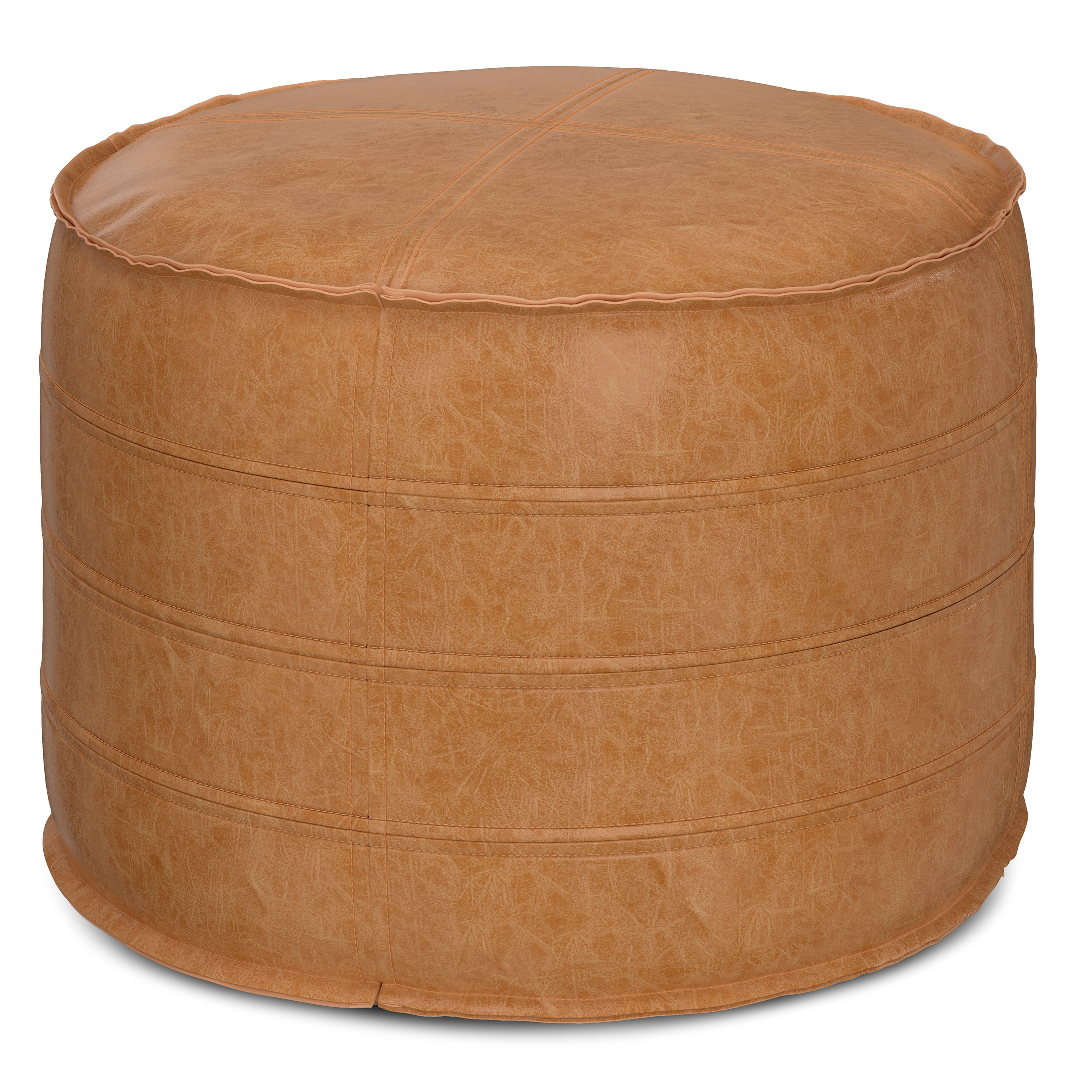 Brody 20" Round Distressed Brown Vegan Faux Leather Pouf
