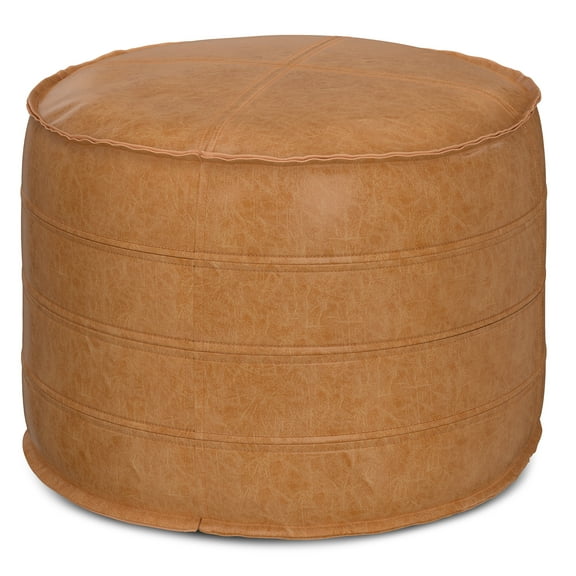 Simpli Home Brody Boho Round Pouf in Distressed Brown Vegan Faux Leather