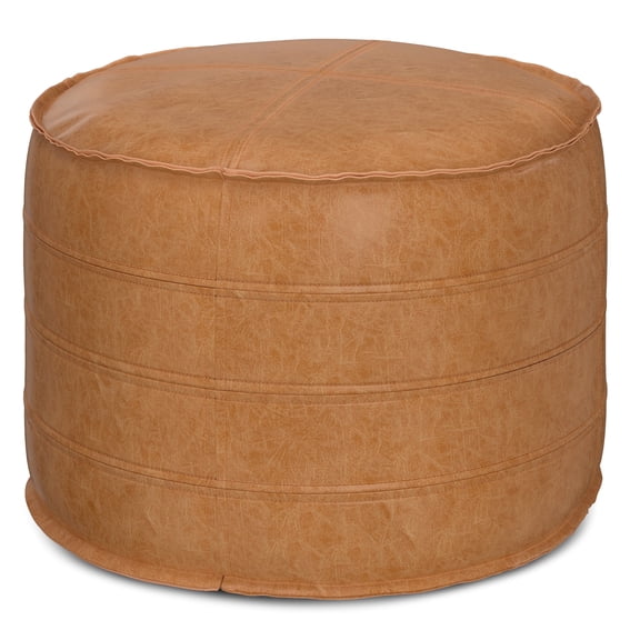 Simpli Home Brody 20 inch Wide Boho Round Pouf in Distressed Brown Vegan Leather