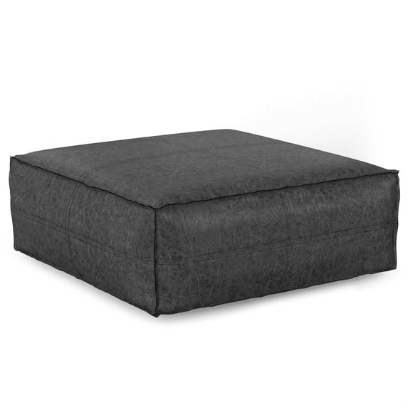 Brody Boho Square Pouf in Distressed Black Vegan Faux Leather