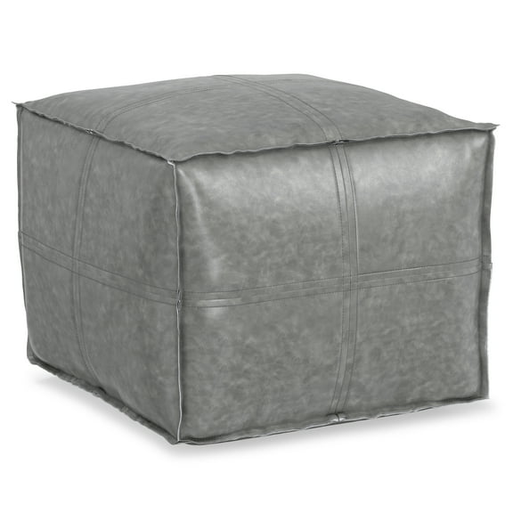 Simpli Home Brody 18 inch Wide Boho Square Pouf in Distressed Grey Vegan Faux Leather