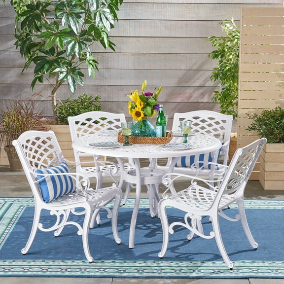Brody Traditional Outdoor 4 Seater Round Cast Aluminum Dining Set, White Finish