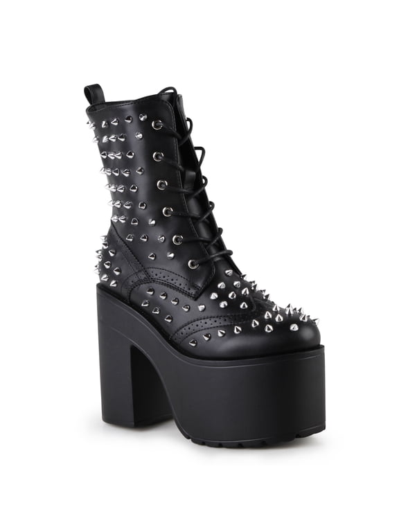 Brogue Spiked Women's Platform Festival Rave Combat Ankle Boots in Black