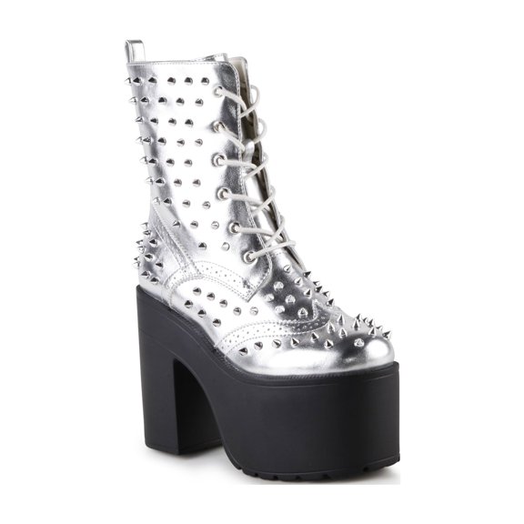 Brogue Spiked Women's Platform Festival Rave Combat Ankle Boots in Silver