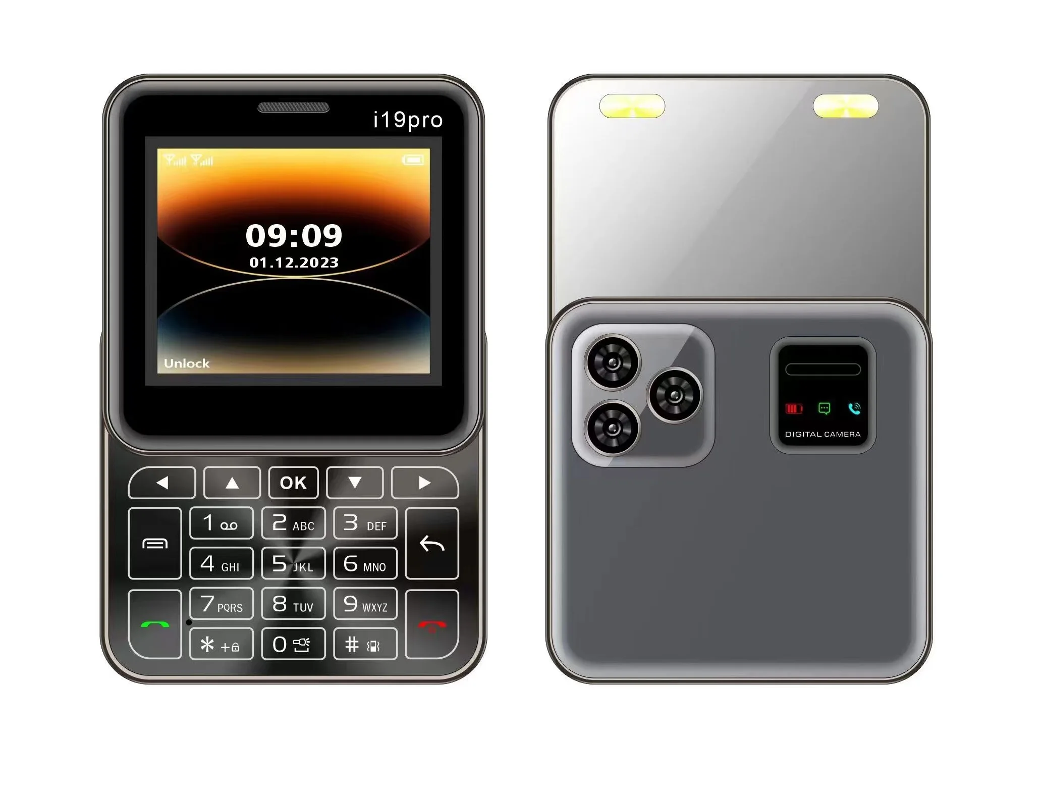 Broisae I19 Pro Low Price Rotatable Cute Mini Flip 2G GSM Mobile Phone Push Button Dual SIM Two Torch Whatsapp Magic Voice Blacklist Square Small Ebook Cellphone